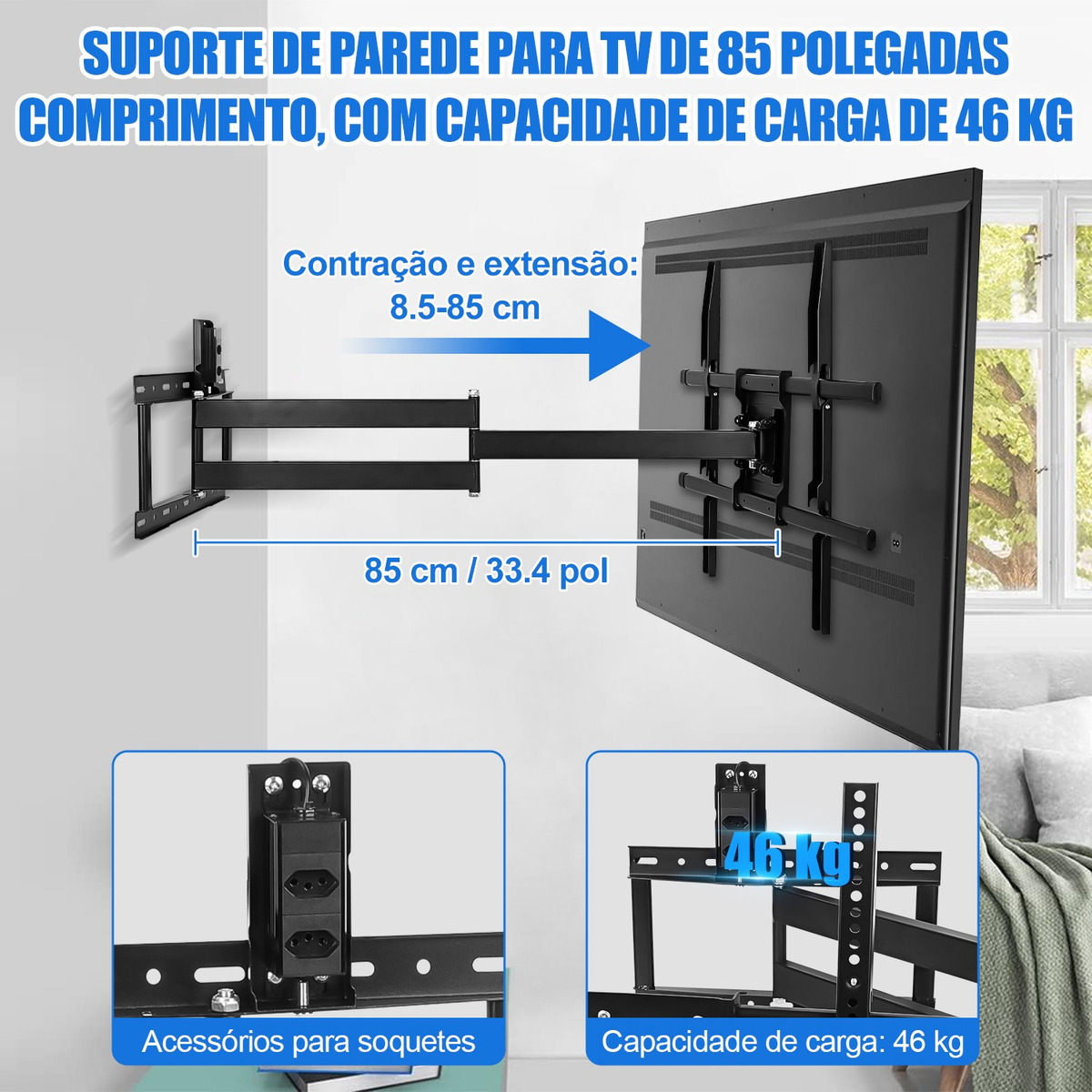 Suporte TV Articulado de Parede com Soquete e Braço Longo 85 cm 2