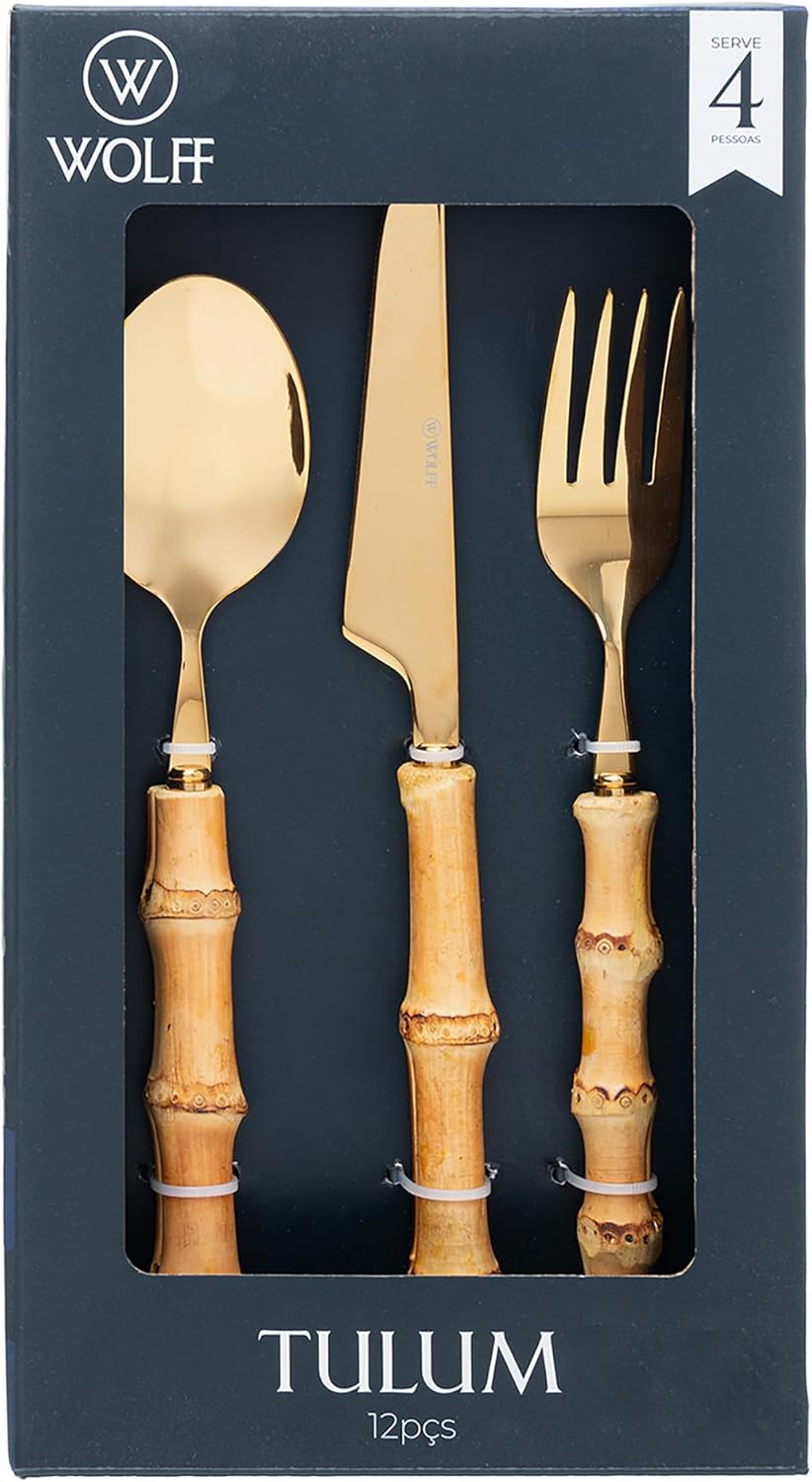 Faqueiro 12 Peças com Cabo de Bambu Tulum Dourado Aço Inox Wolff 2