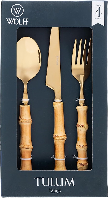 Faqueiro 12 Peças com Cabo de Bambu Tulum Dourado Aço Inox Wolff 2