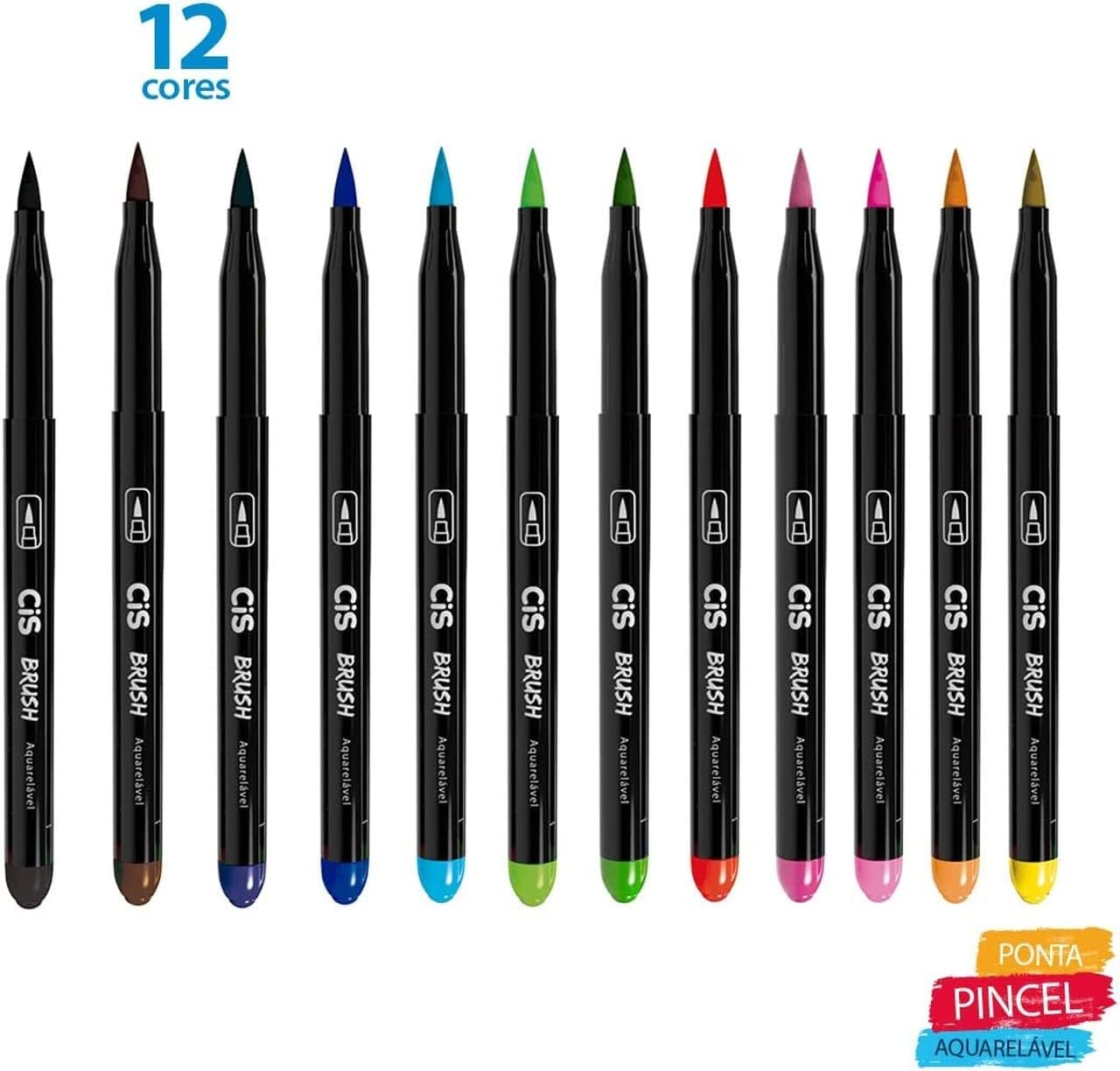 Caneta Pincel Cis Brush Aquarelável com 12 Cores 3