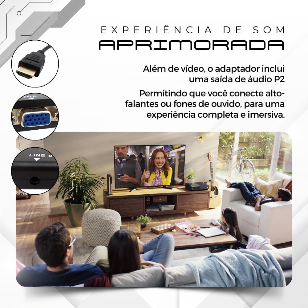 Cabo Adaptador HDMI para VGA com Saída de Áudio P2 5