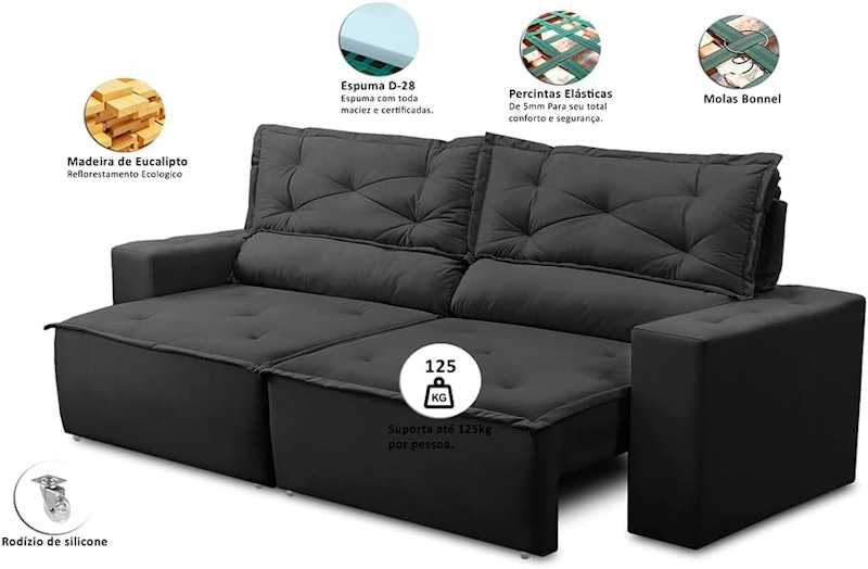 Sofá Retrátil e Reclinável 2 Lugares com Molas 1,50m Livia Suede 3