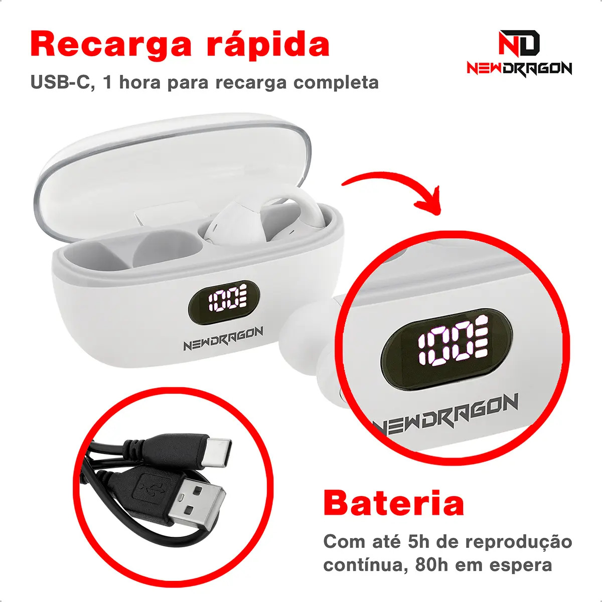 Fone de Ouvido Bluetooth sem Fio 5.3 OpenEar Condução Óssea ND Newdragon 3