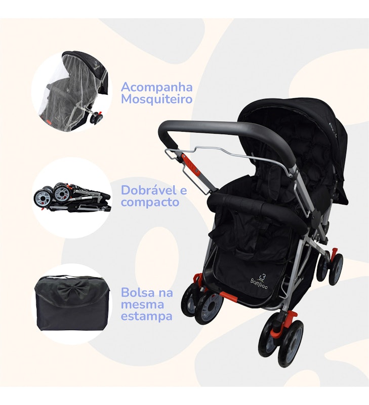 Carrinho Bebê Passeio Reclinável Reversível Mosquiteiro Bamboo Preto + Bolsa 3