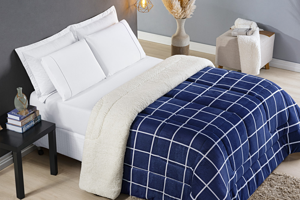 Coberdrom Solteiro Austin Dupla Face Manta Flannel Estampado Grid e Sherpa 3