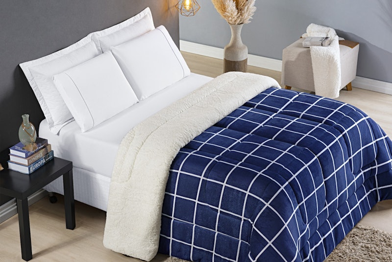 Coberdrom Solteiro Austin Dupla Face Manta Flannel Estampado Grid e Sherpa 3