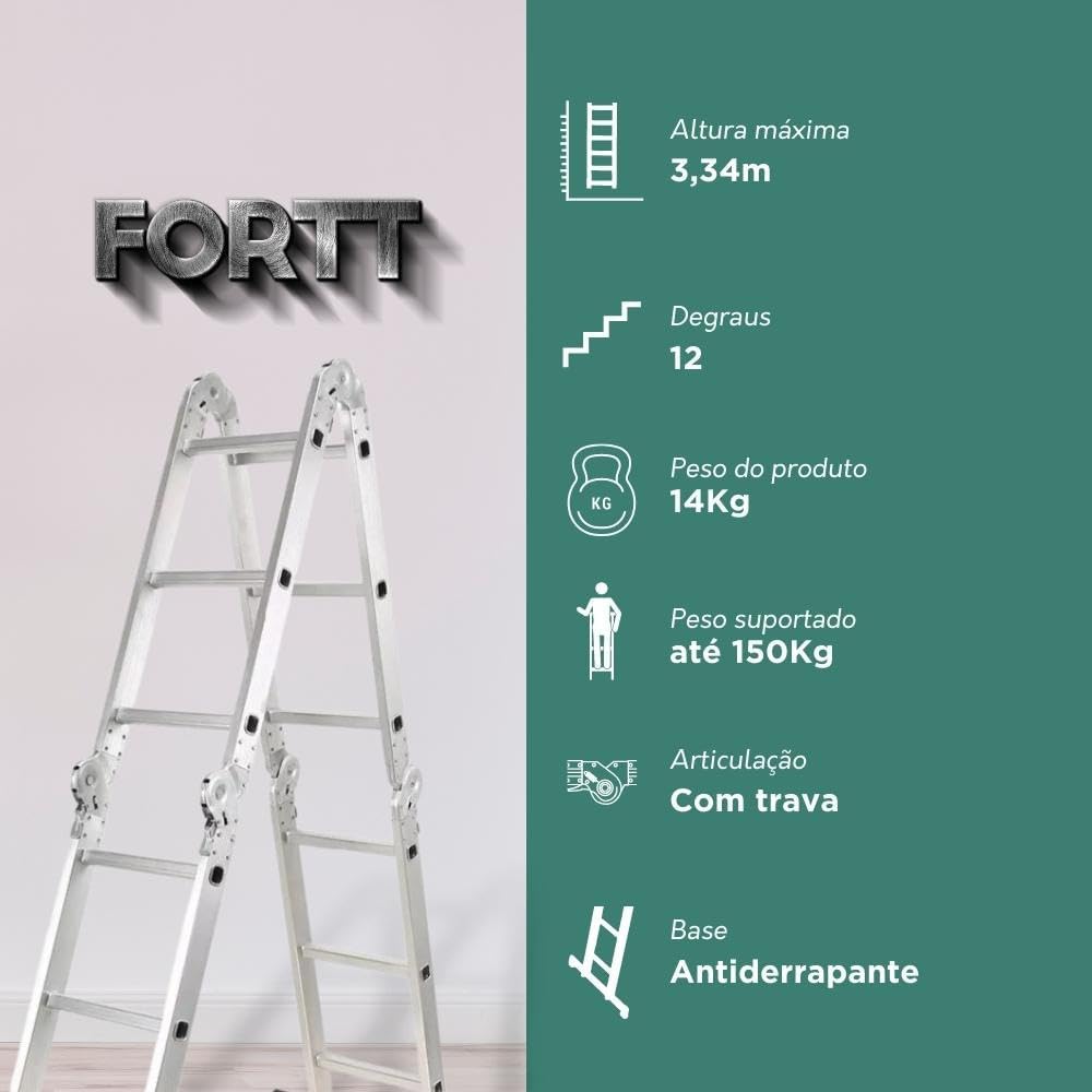 Escada Articulada Multifuncional 4x3 Alumínio Fortt 12 Degraus 3,34 m 4