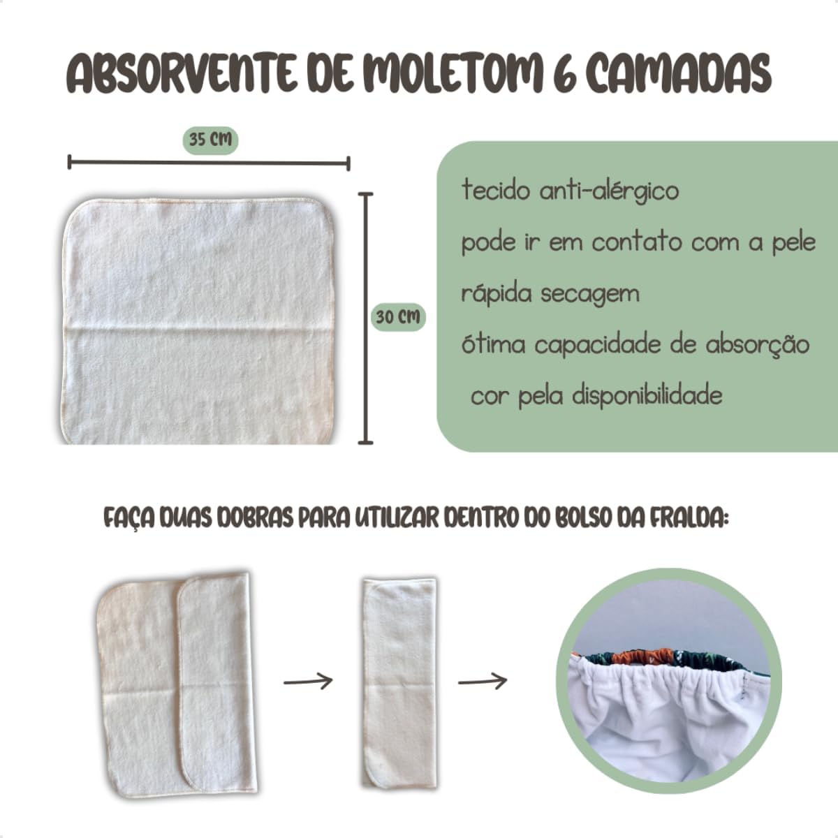Kit 3 Fraldas Ecológicas Reutilizável de Pano + 3 Absorventes 6 Camadas 4