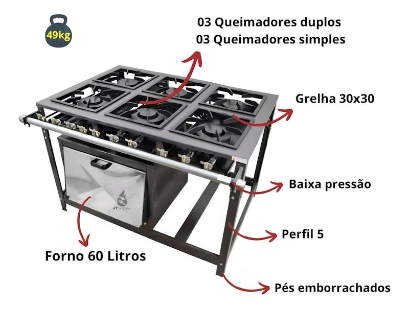 Fogão Industrial de Piso 6 Bocas com Forno Cristal Aço 30X30 4
