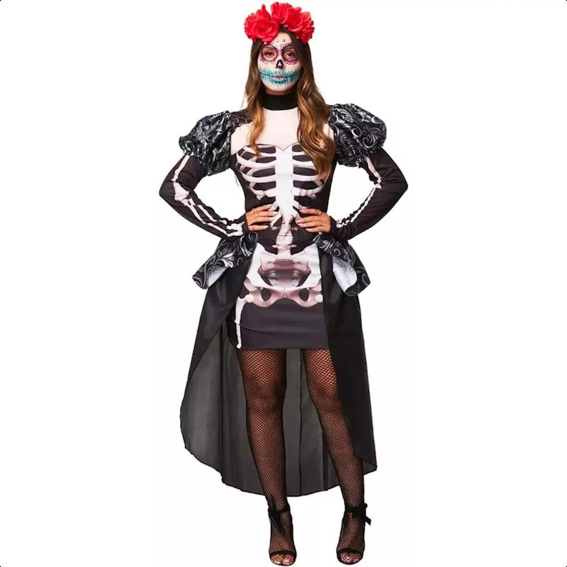 Fantasia Halloween Feminina Caveira Mexicana Manga Longa com Ossos 3