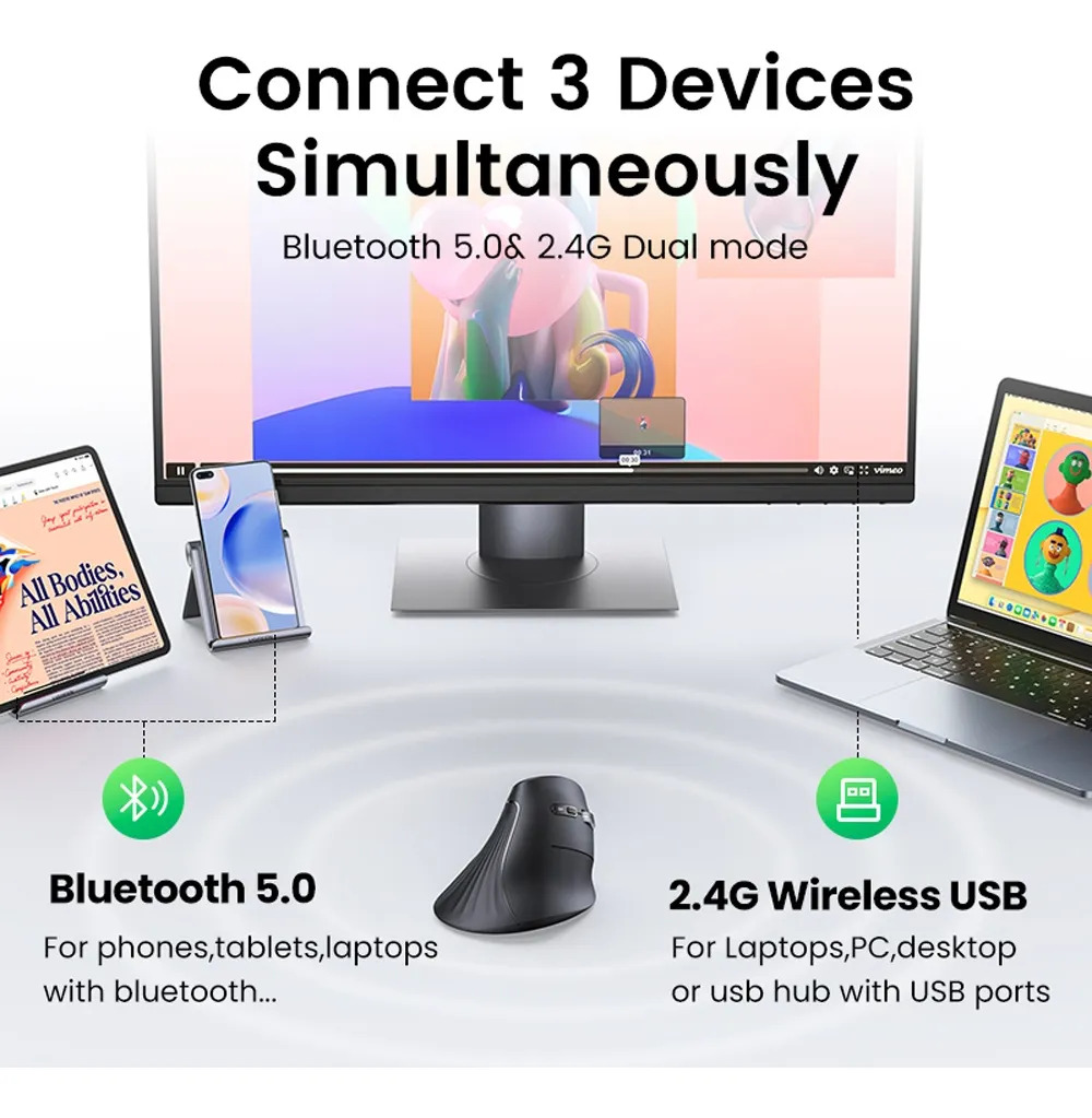 Mouse Bluetooth sem Fio Vertical Ugreen 3