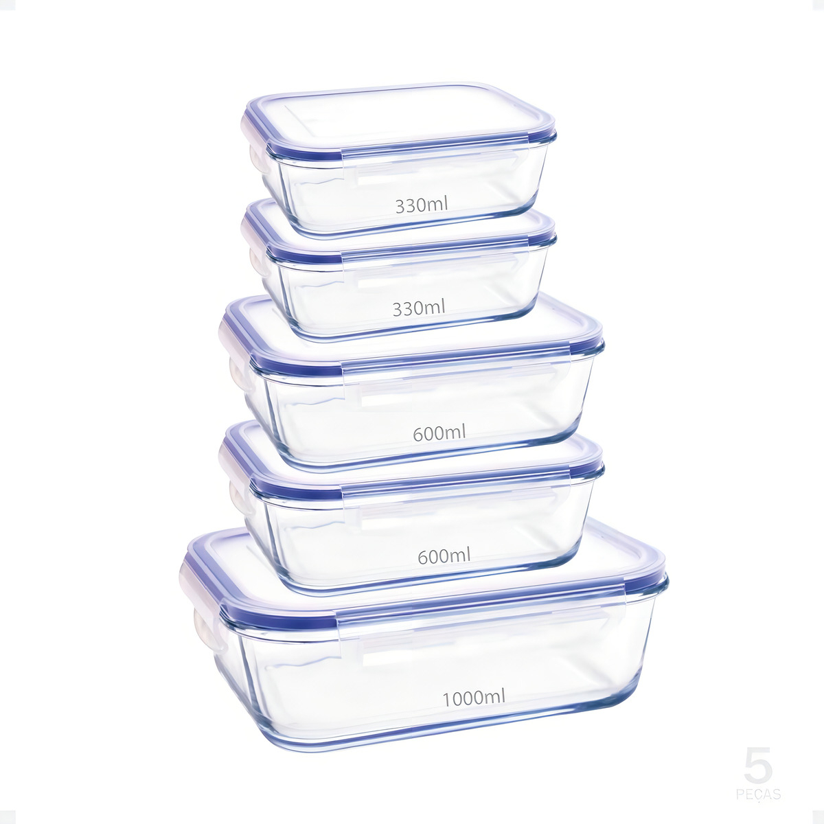 Kit Conjunto 5 Potes de Geladeira Hermético de Vidro Marmita Tampa Click 1