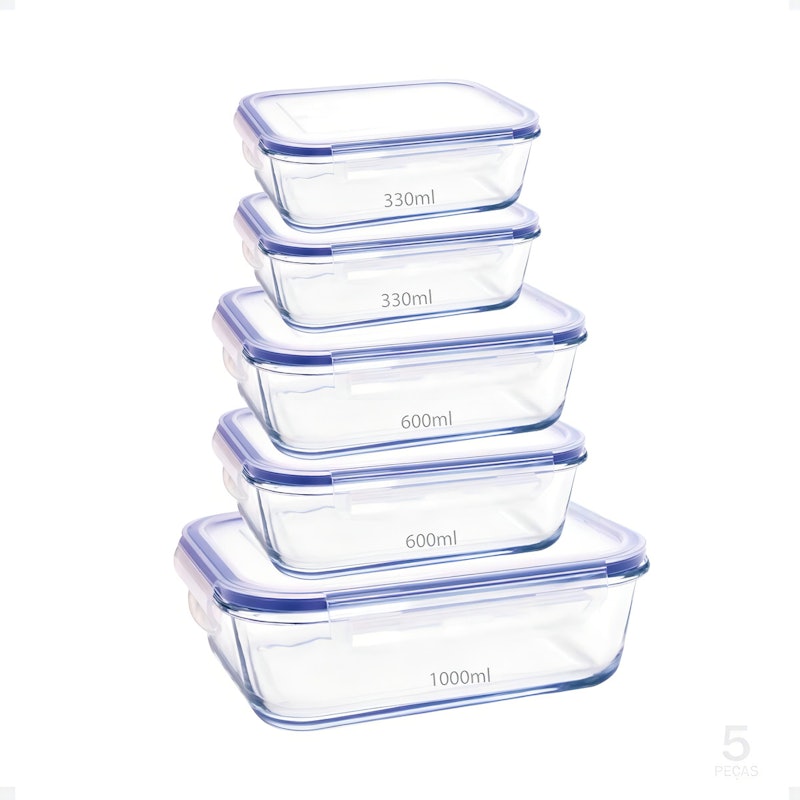 Kit Conjunto 5 Potes de Geladeira Hermético de Vidro Marmita Tampa Click 1
