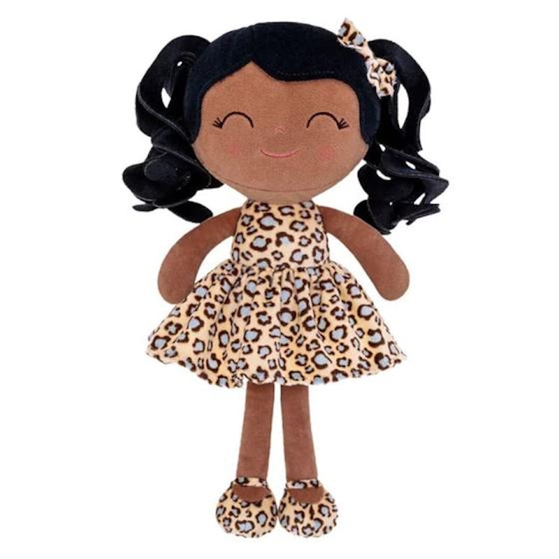 Boneca Cacheada Pele Bronzeada com Vestido de Leopardo 1
