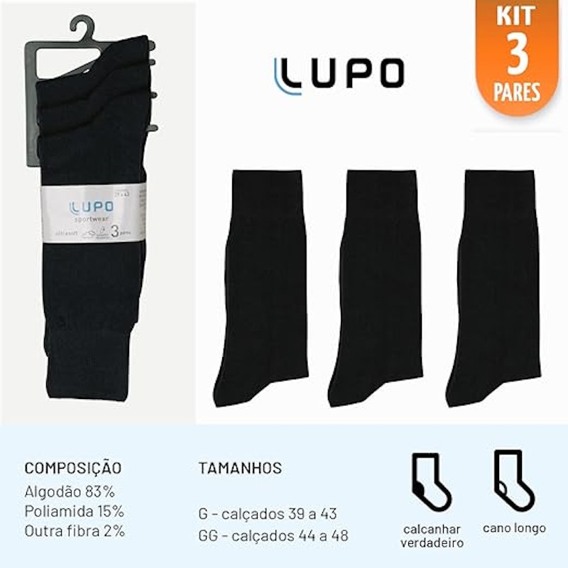 Kit 3 Pares de Meia Social Sportwear Ultrasoft Algodão Lupo Cano Longo 3