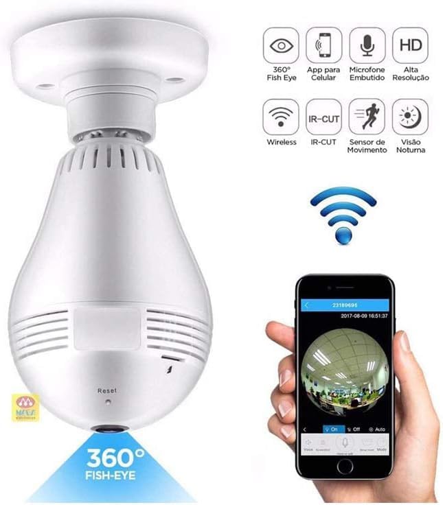 Lâmpada Câmera Espiã IP Led Wi-Fi Panorâmica 360° 3