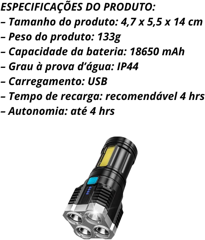 Lanterna LED à Prova d´água 4 Núcleos Potente USB Recarregável 3