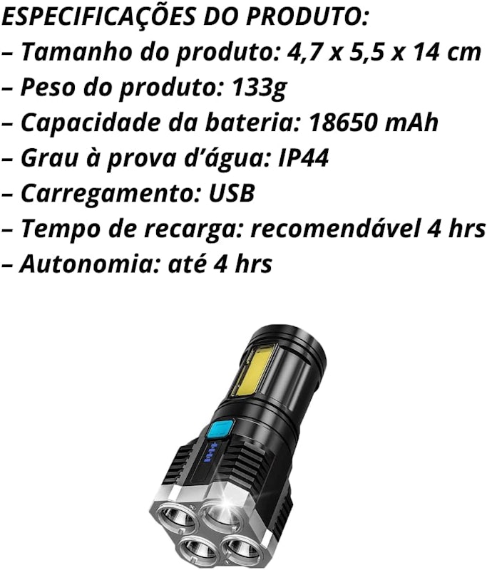 Lanterna LED à Prova d´água 4 Núcleos Potente USB Recarregável 3
