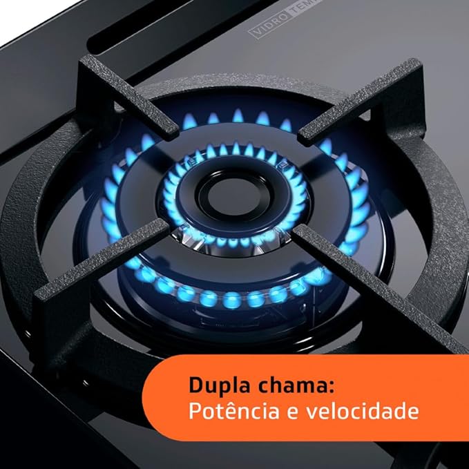 Fogão Brastemp 4 Bocas Preto com Mesa de Vidro e Dupla Chama 4