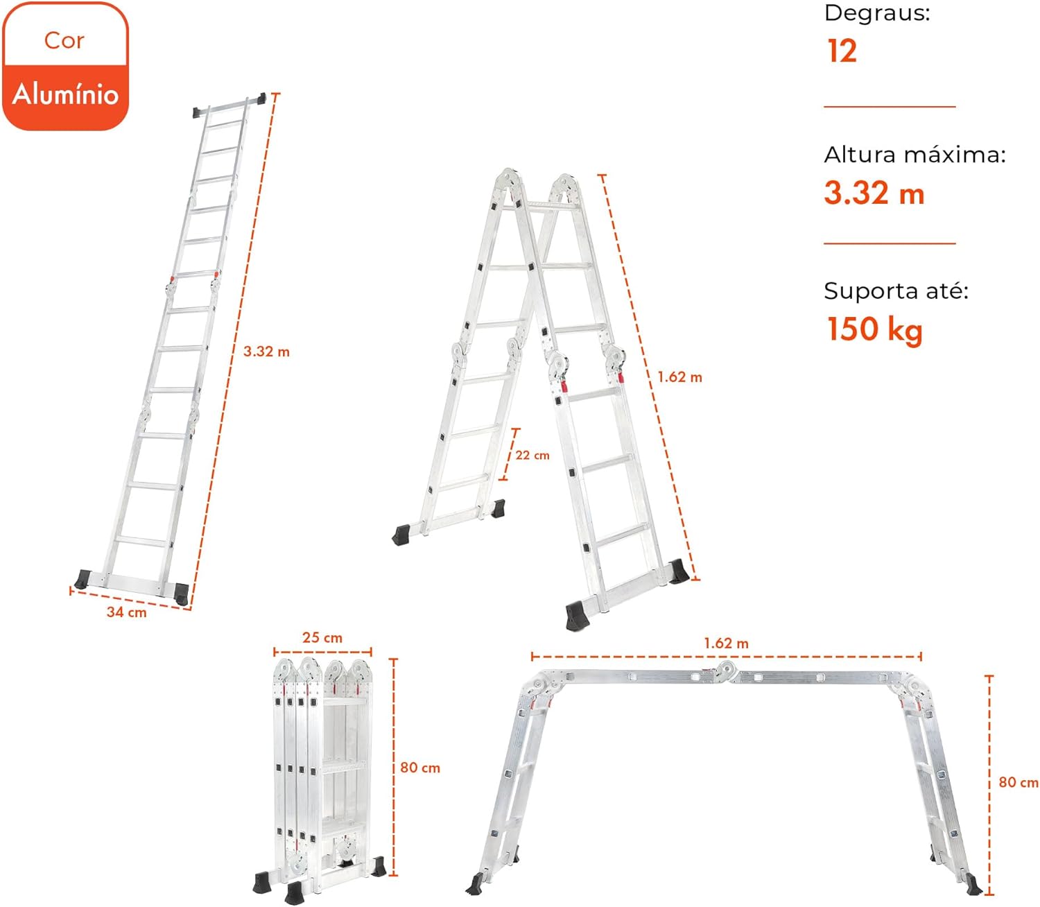 Escada Articulada de Alumínio Multifuncional 12 Degraus e Altura de 3,32 m + Gardenlife 2