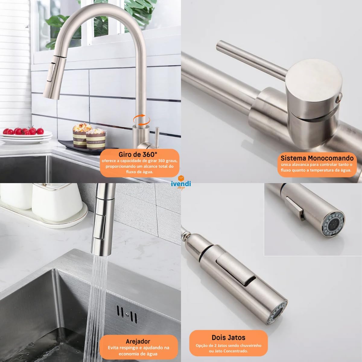 Torneira Inox 304 Gourmet Misturador Monocomando 3