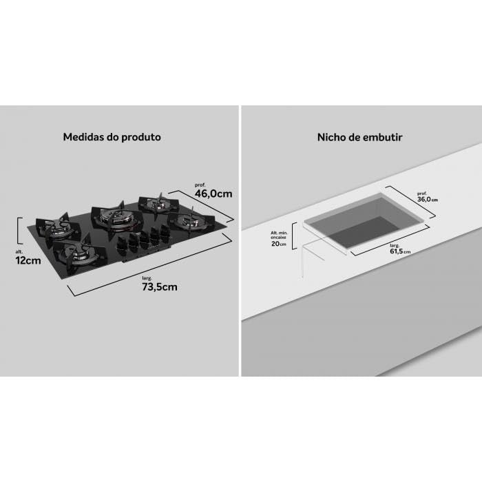 Cooktop 5 Bocas Preto com Mesa de Vidro e Tripla Chama Dako Supreme 5