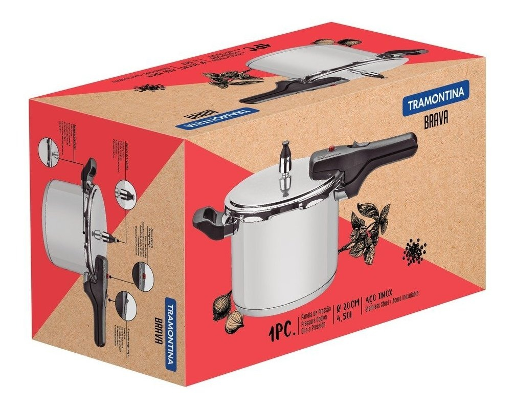 Panela de Pressão Brava em Aço Inox com Fundo Triplo 20 cm 4,5 L 5