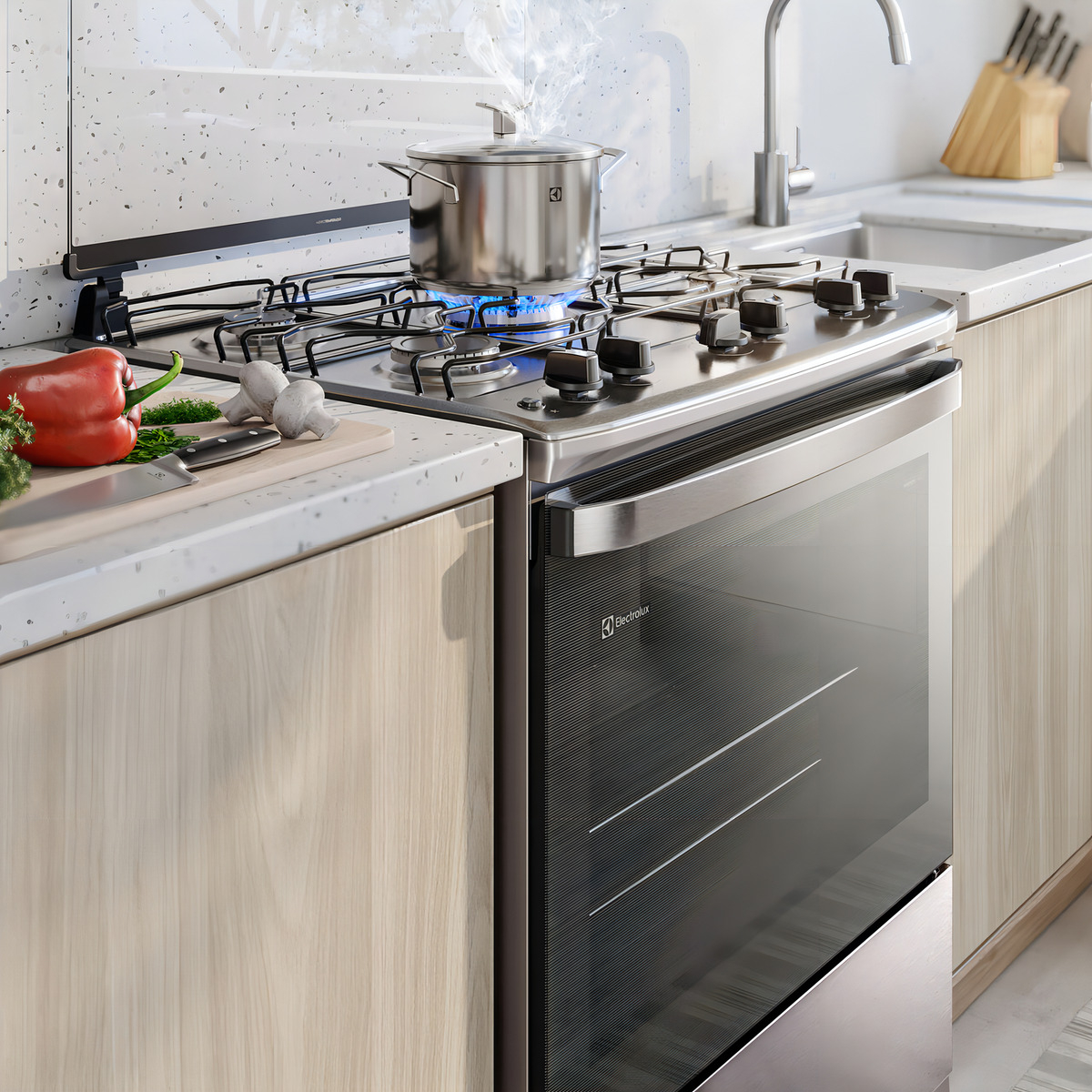 Fogão 5 Bocas Electrolux Cinza Efficient com Mesa Inox PerfectCook e VaporBake 5