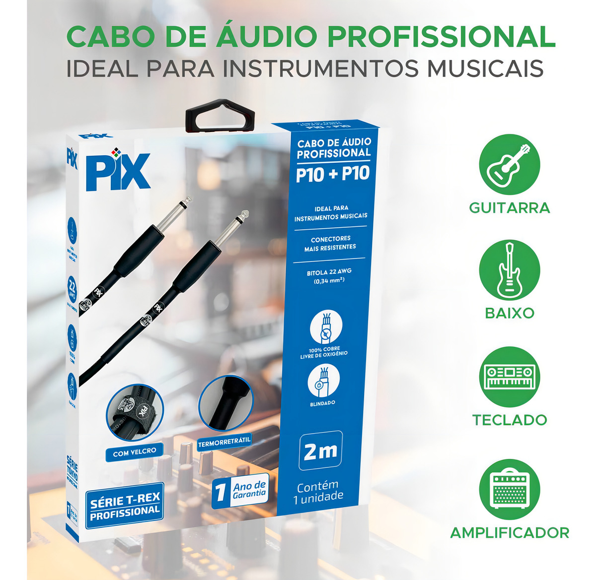 Cabo P10 / P10 PIX Série T-Rex Profissional 2 m 5