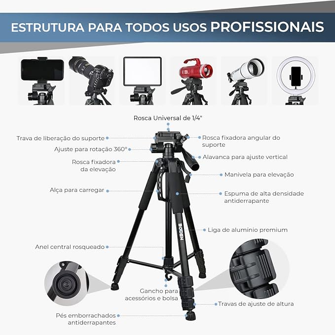 Tripé Profissional Universal para Câmera e Celular com Controle Bluetooth 2