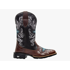 Bota Texana Feminina Couro Country Bico Quadrado Café Azul