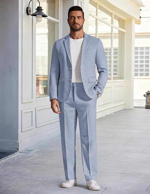 Conjunto de 2 Peças de Terno Masculino de Linho de Ajuste Regular Coofandy 4