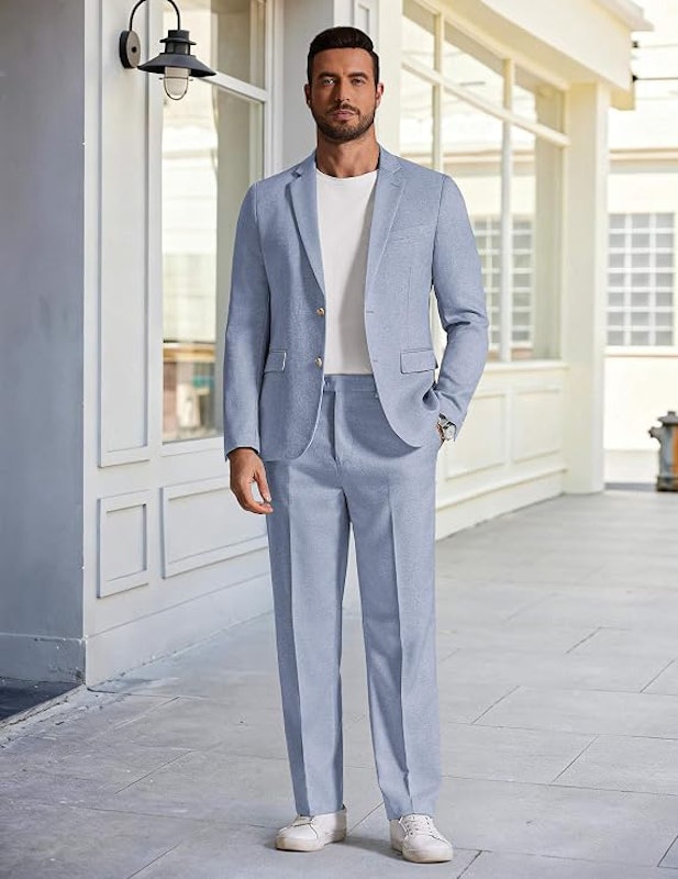 Conjunto de 2 Peças de Terno Masculino de Linho de Ajuste Regular Coofandy 4