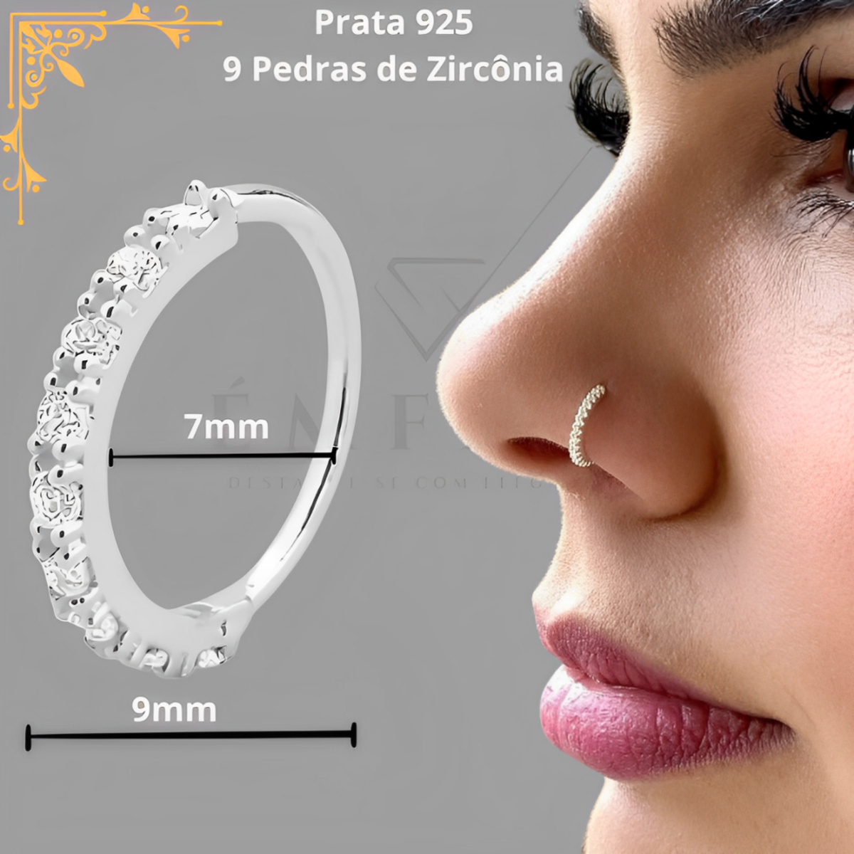 Piercing Nostril Nariz Prata 925 Cravejado 9 mm  2