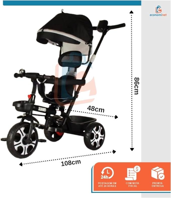 Triciclo Infantil Empurrador Com Capota 2 em 1 Zupa 2