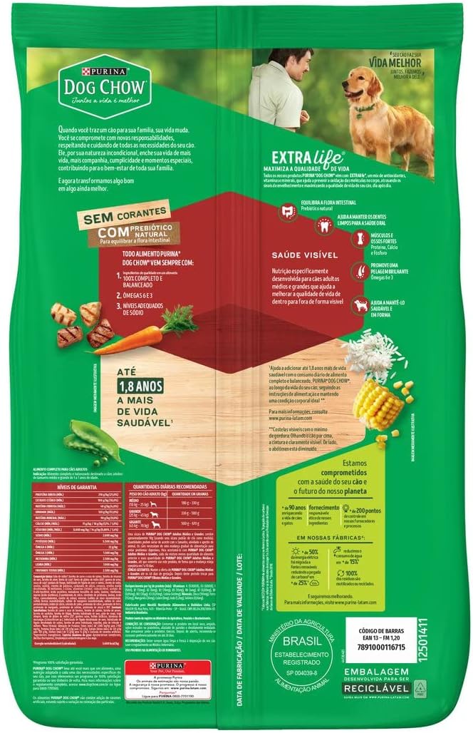 Ração DOG CHOW ExtraLife para Cão Adulto Médios e Grandes Sabor Carne, Frango e Arroz 2