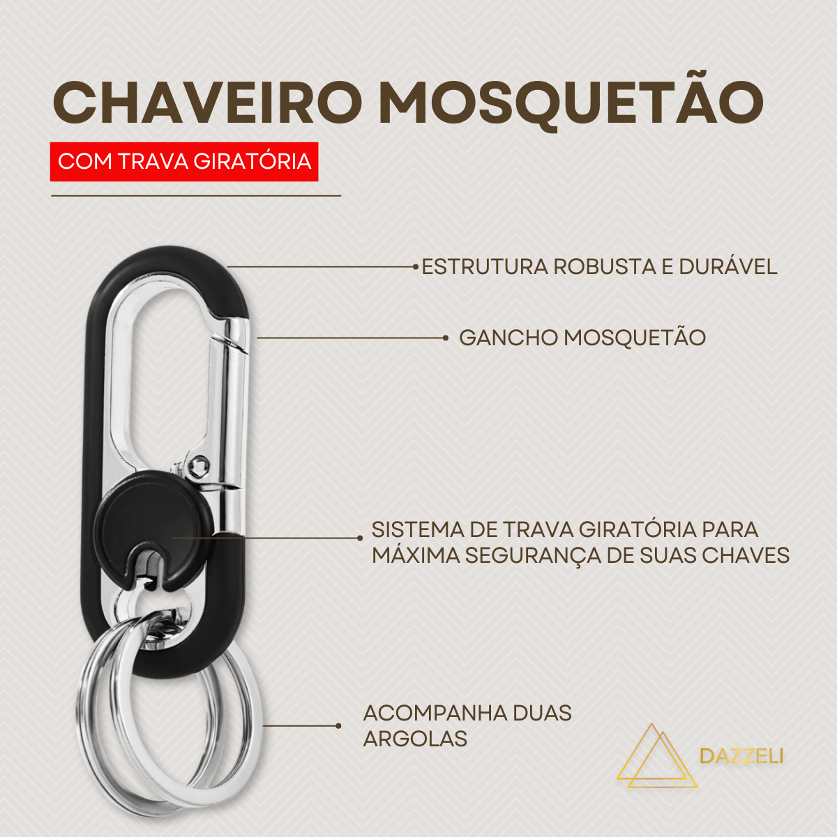 Chaveiro Mosquetão Metal Gancho com Argola 2