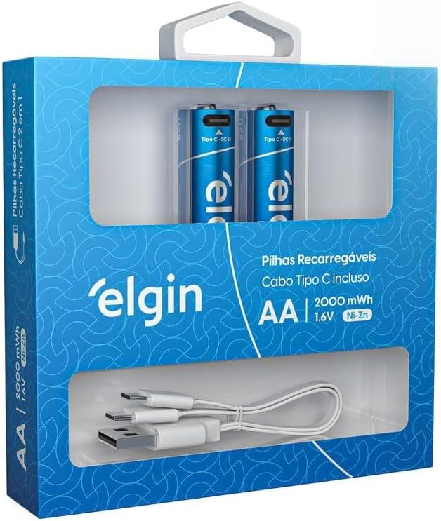 Pilha Recarregável AA USB-C com 2 Unidades + Cabo 1