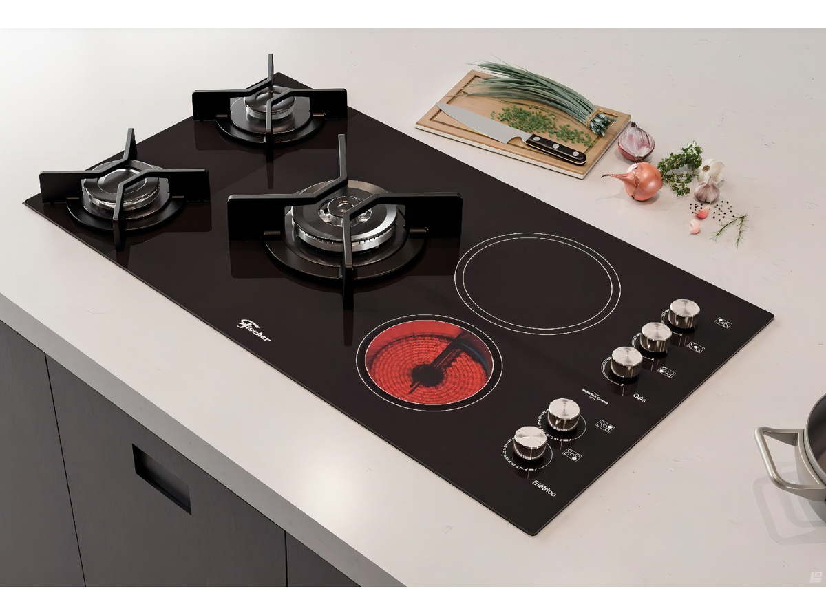 Cooktop Gás/Elétrico Fischer 5 Bocas Tripla Chama TOP com Trempe de Ferro Fundido Vitrocerâmica 5