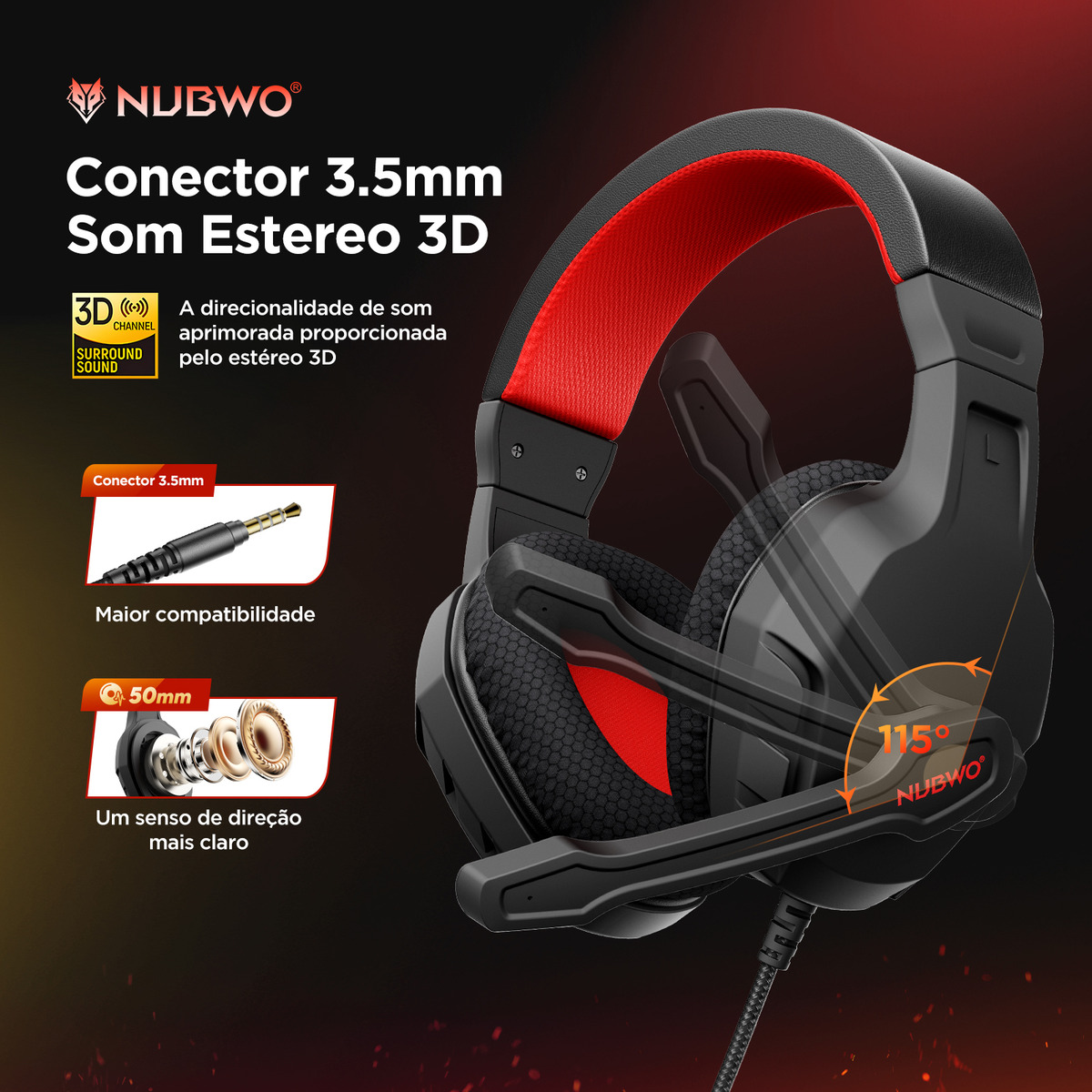NUBWO U3 Fone de Ouvido com Fio e Microfone 2