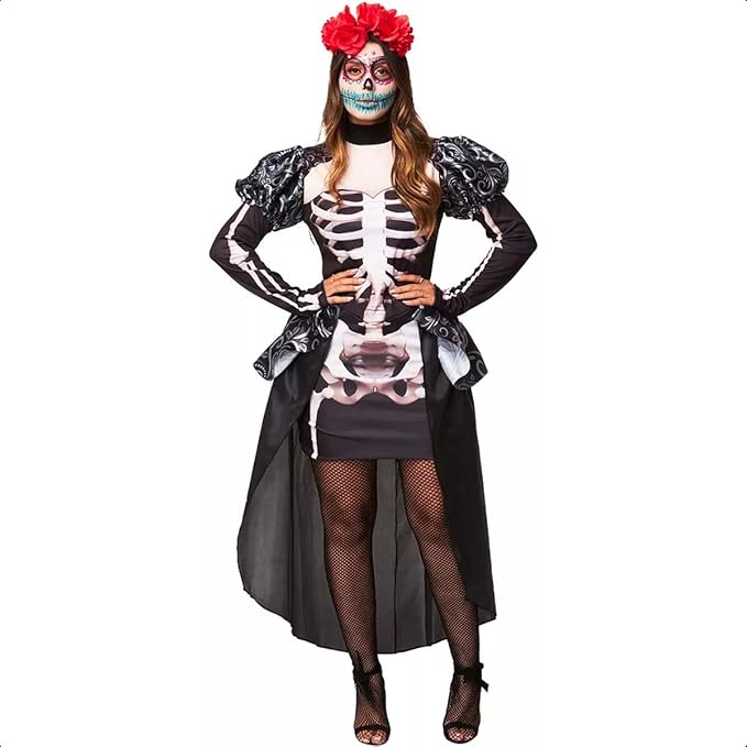 Fantasia Halloween Feminina Caveira Mexicana Manga Longa com Ossos 3