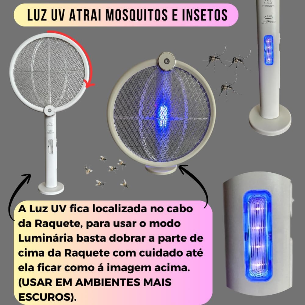 Raquete Elétrica Recarregável com Luz UV 4