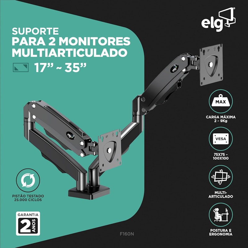 Suporte Ergonômico Articulado de Mesa com Pistão a Gás para 2 Monitores de 17” a 35” Elg 3