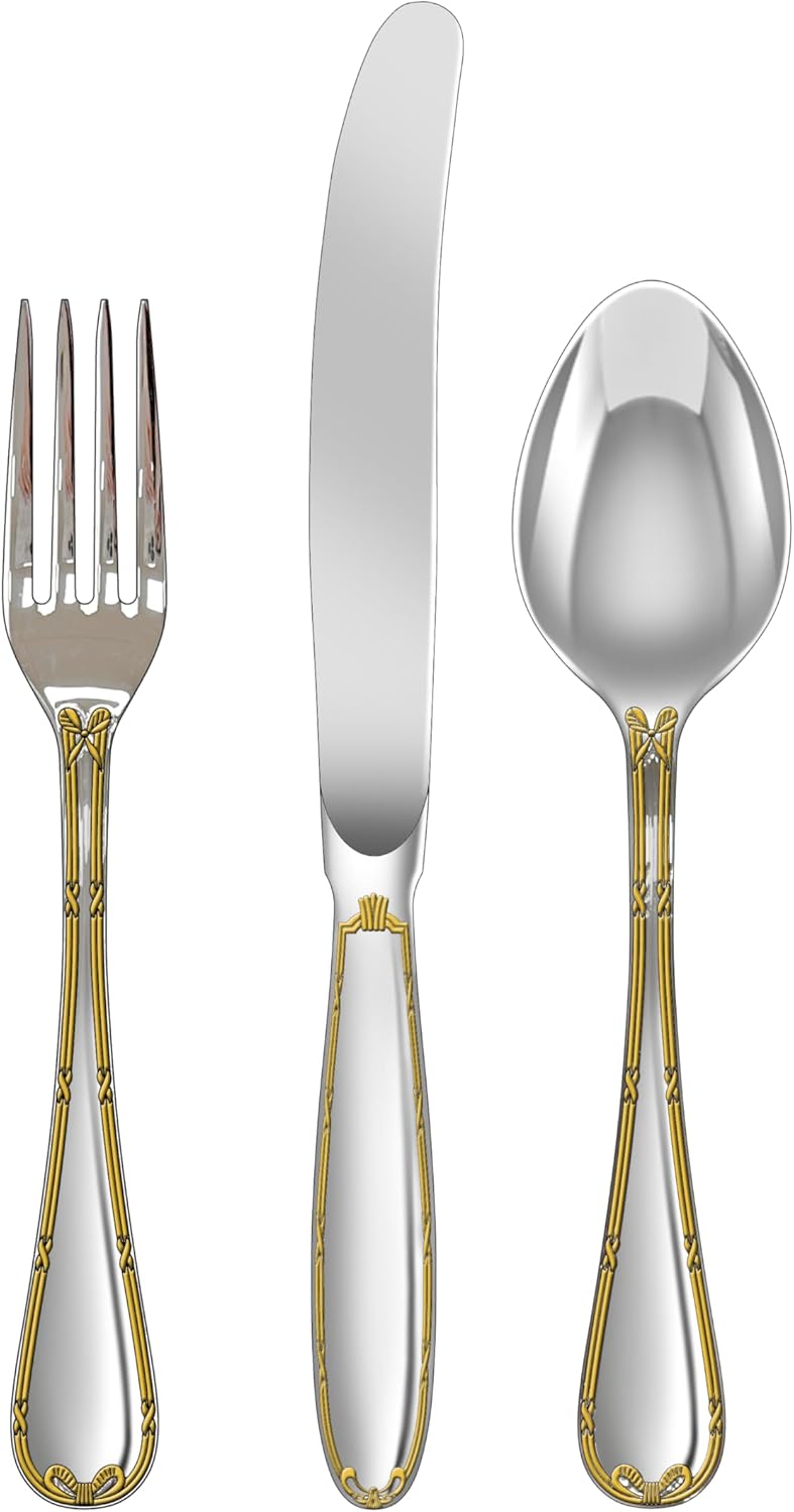 Faqueiro 130 Peças em Aço Inox 18/10 3,5 mm com Friso de Ouro 24K 1