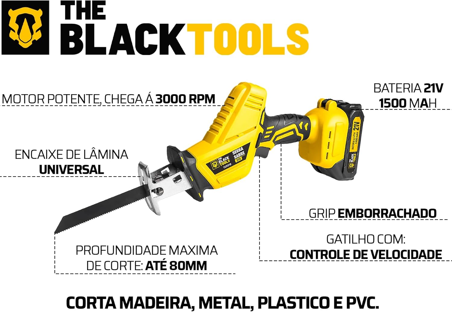 Serra Sabre a Bateria 21 V Profissional Portátil 3000 RPM TCR21B The Black Tools 2
