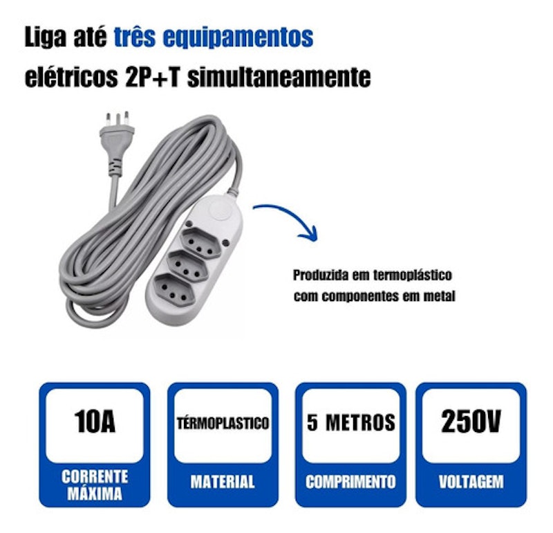 Extensão Múltipla 3 Tomadas 2 P+T 10 A 250 V Tramontina 5 m 3