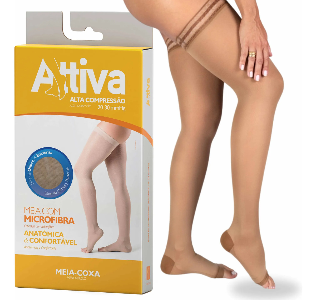 Meia de Compressão Feminina 7/8 Meia Coxa Alta 20-30 mmHg Ponteira Aberta 1