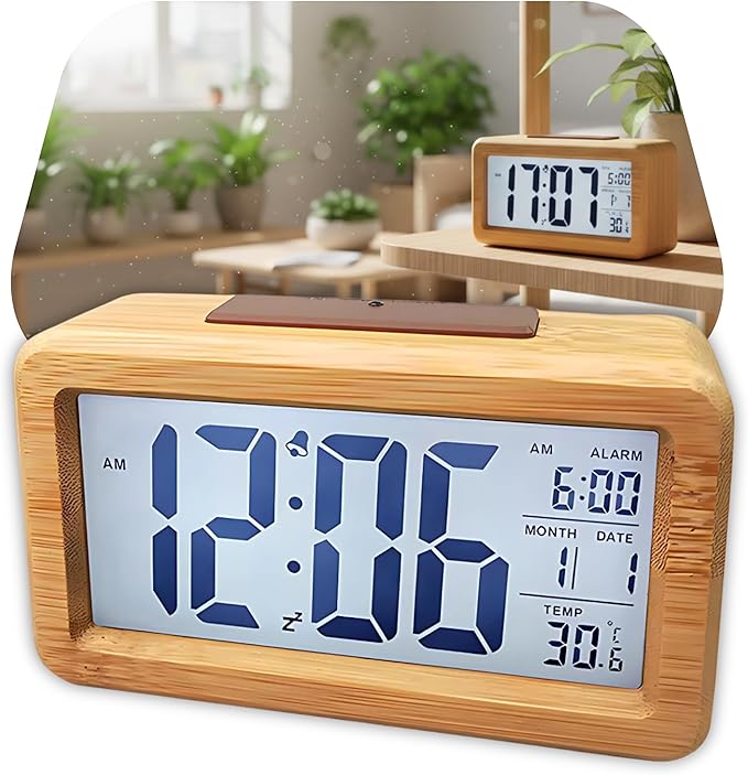 Relógio Despertador Digital LCD Madeira Bambu 1