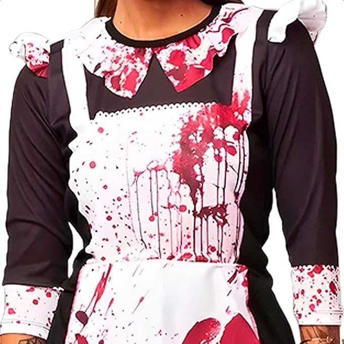 Fantasia Feminina Halloween de Terror com Sangue Vestido Empregada Assassina 5