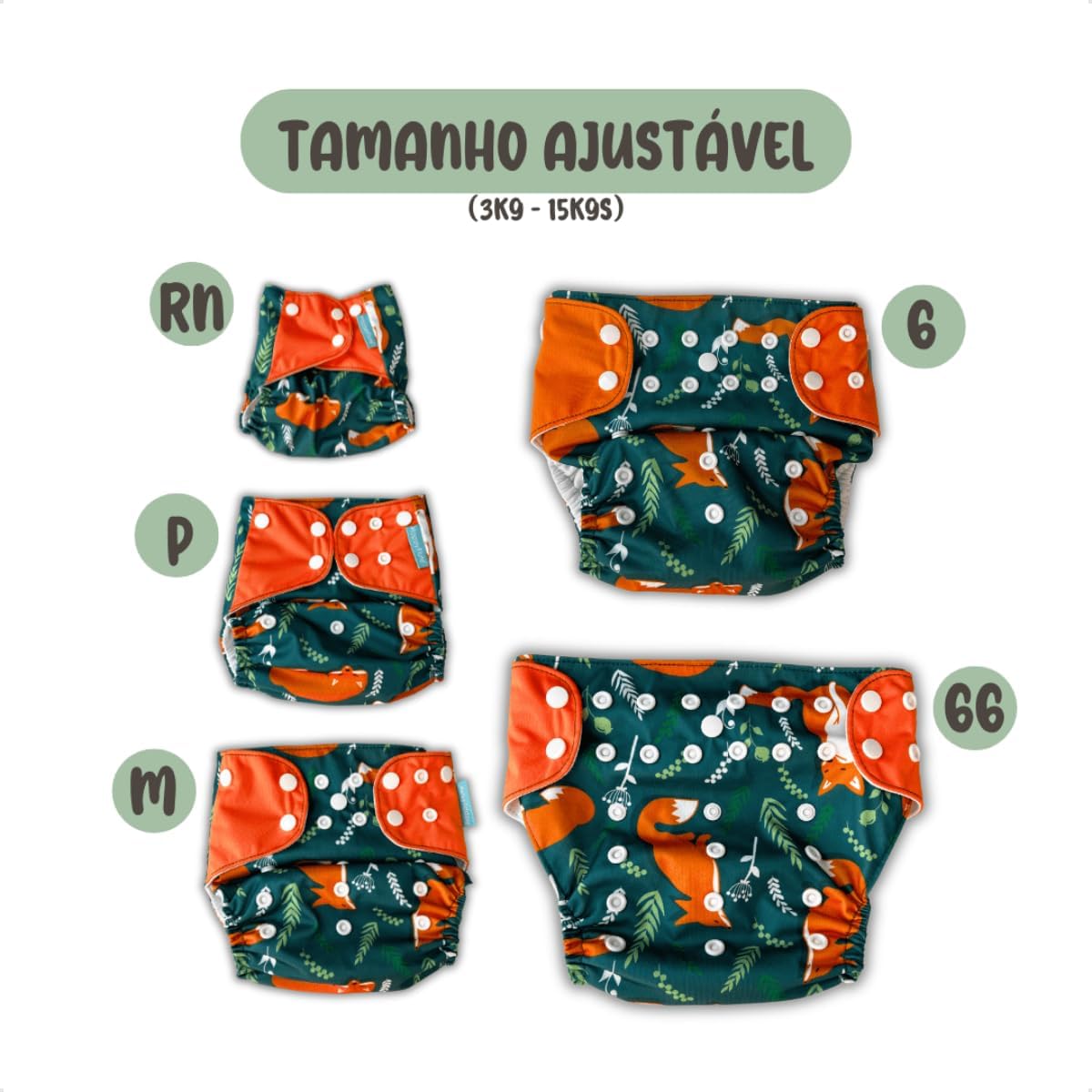 Kit 3 Fraldas Ecológicas Reutilizável de Pano + 3 Absorventes 6 Camadas 5